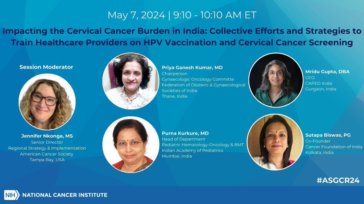 First up for Day 2 of #ASGCR24! Don’t miss this session, 'Impacting Cervical Cancer Burden in India,' as partners from India and the US showcase their work on cervical cancer prevention. @AmericanCancer @Caped_India @iapindia bit.ly/ASGCR2024