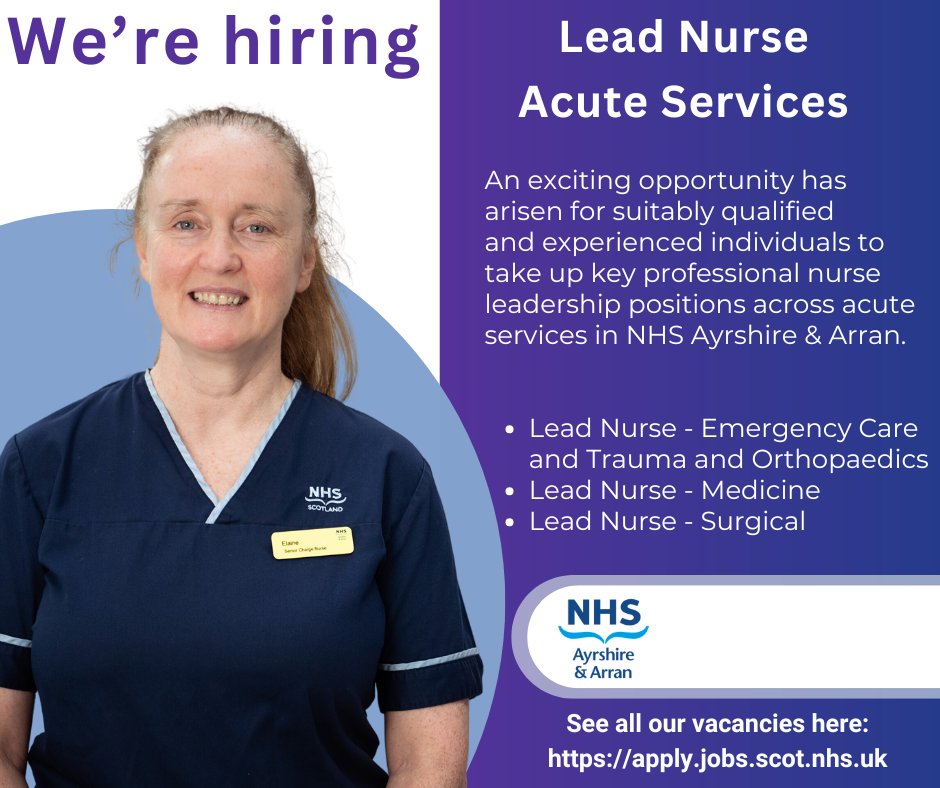 Opportunities for suitably qualified and experienced individuals to take up key professional nurse leadership roles across acute services. For more info or to apply visit: apply.jobs.scot.nhs.uk/Job/JobDetail?…

#NHSScotlandCareers #NHSJobs #NHSOpportunities #ayrshirejobs
