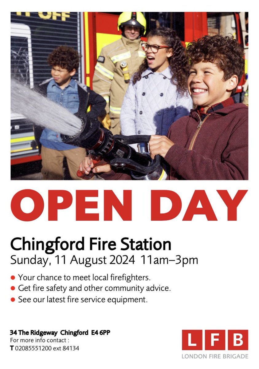 Early heads up for Chingford FF open day. 11th Aug opening at 11am. Come along and meet the crew and partner agencies. Save the date in your calendar.