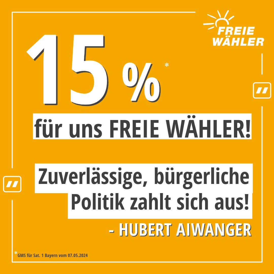 🧡💪 15 Prozent laut aktueller Umfrage (GMS im Auftrag von Sat.1 Bayern) für uns #FREIEWÄHLER in Bayern! ➡️ Unsere beständige und bürgernahe Politik zahlt sich aus. Wir sind der Anker für Bayern. #AnpackenFürBayern