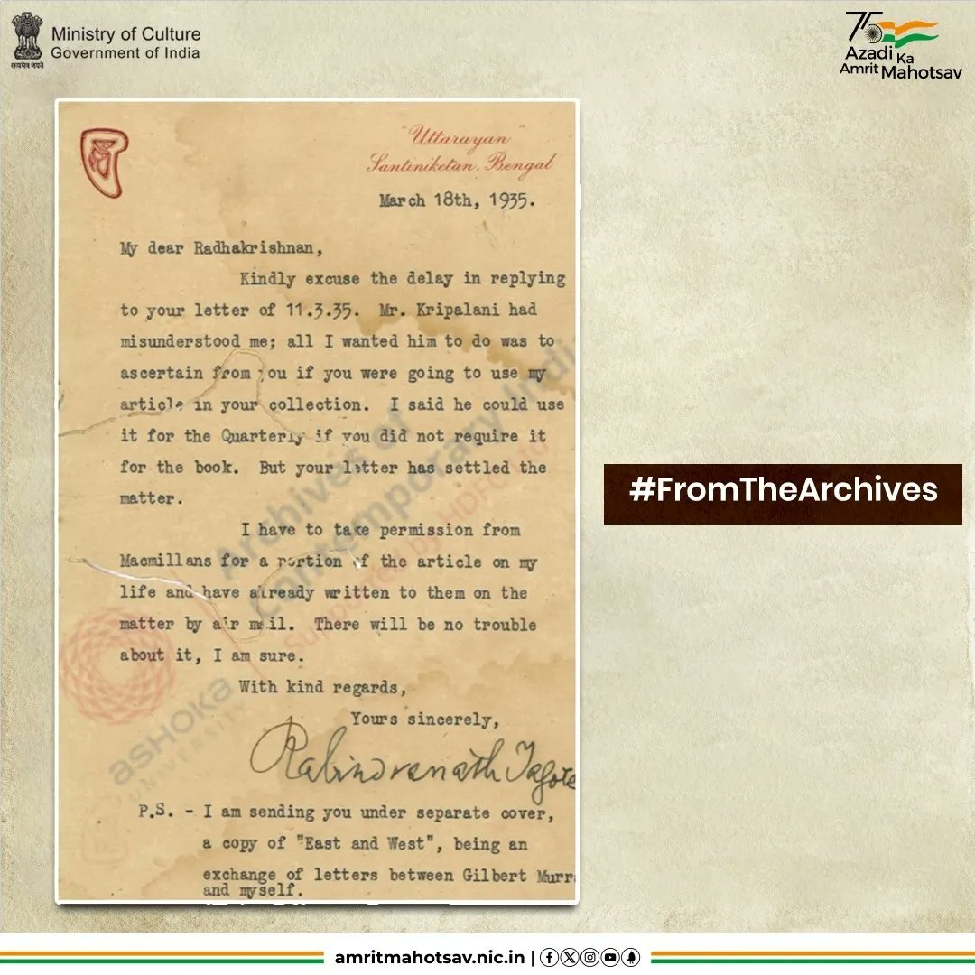 On his birth anniversary today, take a look at the #RareAndUnseen letters written by #RabindranathTagore to S. Radhakrishnan in connection with a release of a book on him. 

#AmritMahotsav #FromTheArchives #MainBharatHoon  
@sahityaakademi

IC: @Ashoka_Archives