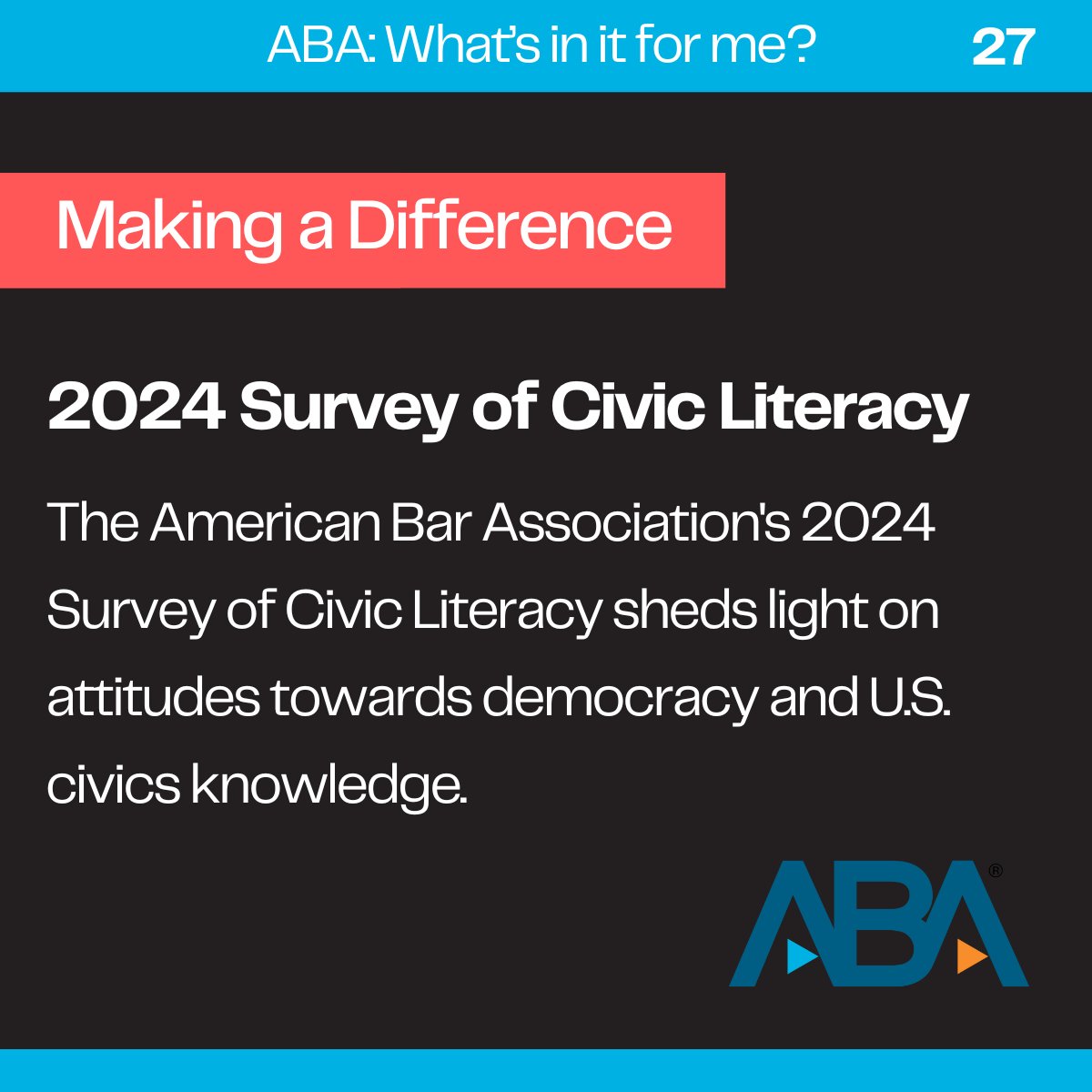 Michelle Behnke (@abapres_elect) on Twitter photo 📢 Just released! The <a href="/ABAesq/">American Bar Association</a>'s 2024 Survey of Civic Literacy explores U.S. attitudes towards democracy and civics knowledge. 74% believe America's #democracy is weaker today, citing misinformation as a primary cause.
Dive into the full report: bit.ly/4b5gW0q 📢 Just released! The <a href="/ABAesq/">American Bar Association</a>'s 2024 Survey of Civic Literacy explores U.S. attitudes towards democracy and civics knowledge. 74% believe America's #democracy is weaker today, citing misinformation as a primary cause.
Dive into the full report: bit.ly/4b5gW0q