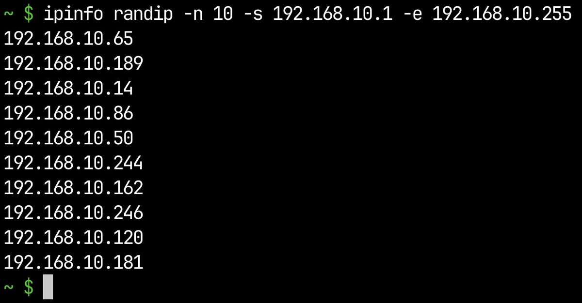Generating a list of 10 random IP addresses between a specific range: ⌨️ ipinfo randip -n 10 -s <range-start> -e <range-end>