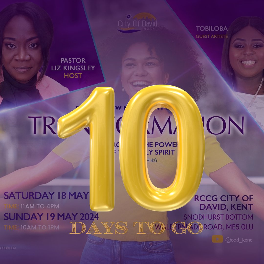 10 days to go for our God's Jewels Conference💃

Are you ready?

⛪️ City of David Kent, Snodhurst Bottom, Walderslade Road, Chatham. ME5 0LU

📅18th May 2024, 11AM - 4PM 
      19th May 2024, 10AM - 1PM 

You don’t want to miss it! 

#christianwomen #codkent