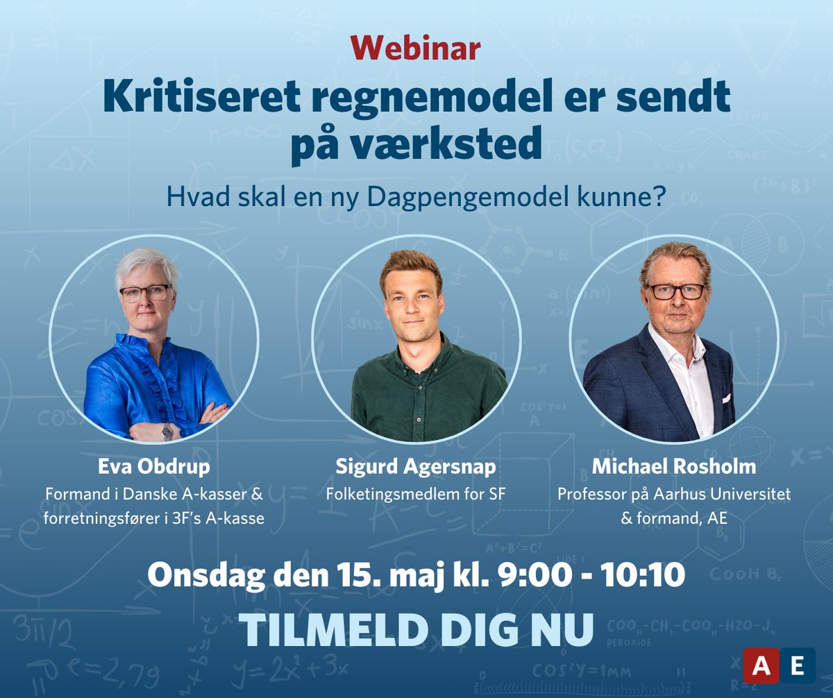 Webinar: @RosholmMichael udlægger AE's kritik af Dagpengemodellen. Derefter debat med @SFpolitik's @SigurdAgersnap og @3F's @EvaObdrup. Vært er analysechef @Emilie_A_D. 15. maj kl. 9:00-10:10 Tilmelding og læs mere: us06web.zoom.us/webinar/regist… #dkpol #dkøko