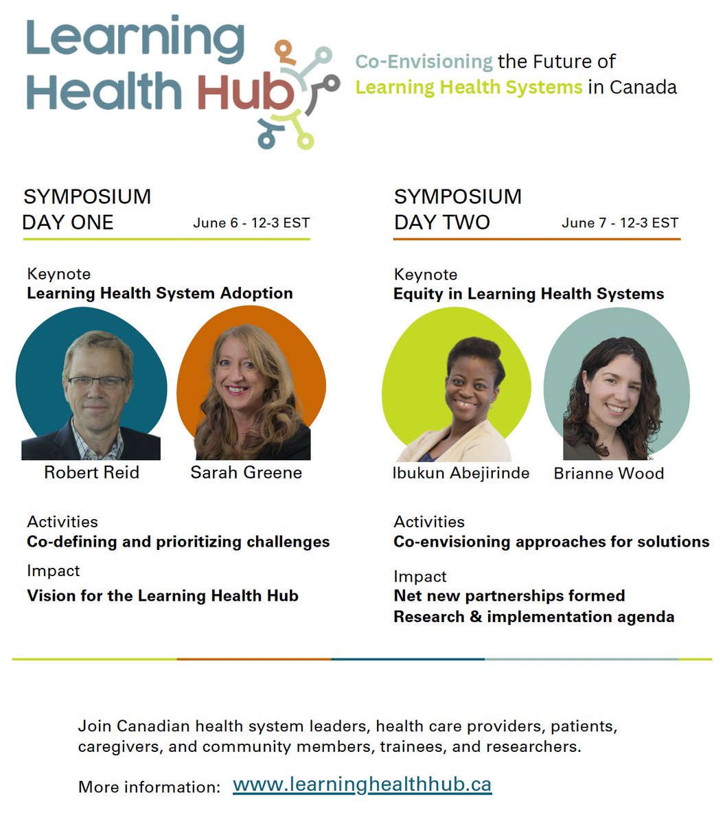We are just 1 month away from our virtual symposium! Our keynote speakers are set to inspire generative discussion as we look to collectively shape the future of #LearningHealthSystem work in Canada. Not yet registered? Join us: learninghealthhub.ca/upcoming-event…