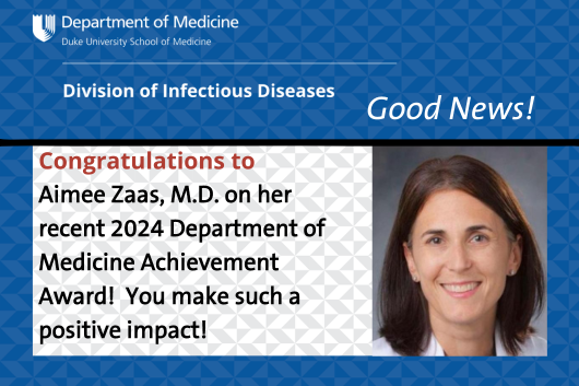 DukeAdultID's tweet photo. Well Done, Aimee Zaas!  One of three recipients of the 2024 Department of Medicine Achievement Award!  Congratulations!
#IDGoodNews #DukeProud https://t.co/Zfam0S4LZu