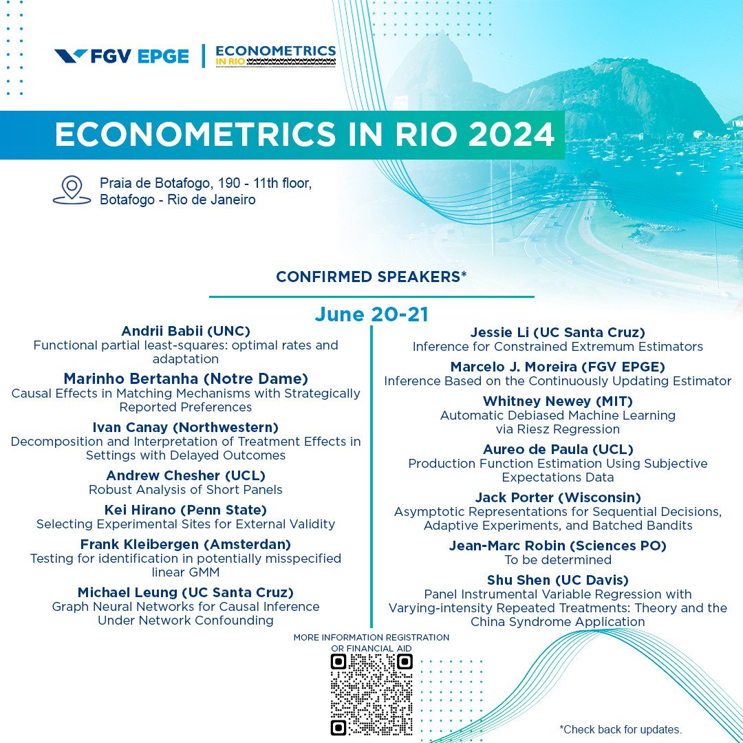 Palestrantes confirmados no Econometrics in Rio! 

Oportunidade única de conhecer a fronteira da Econometria de ponta.

Inscreva-se:
doity.com.br/econometrics-i…