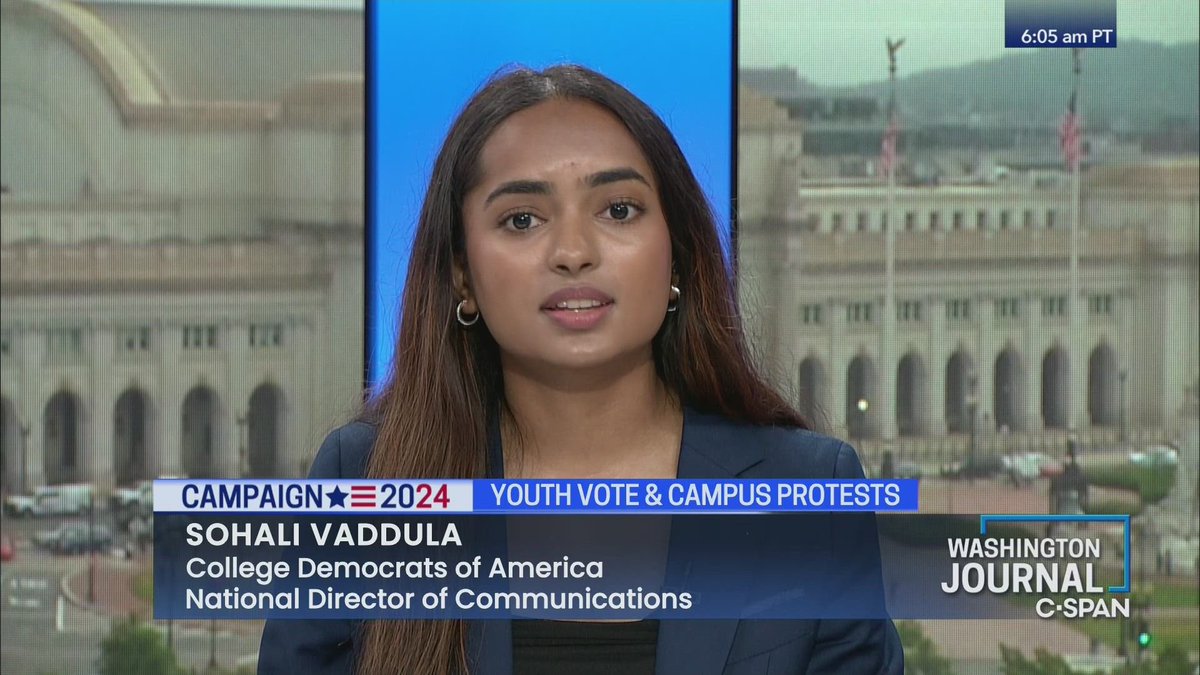 Sohali Vaddula (@SohaliV) of the College Democrats of America, to discuss the youth vote, campus protests, and Campaign 2024 Watch here: tinyurl.com/bdekk3cf