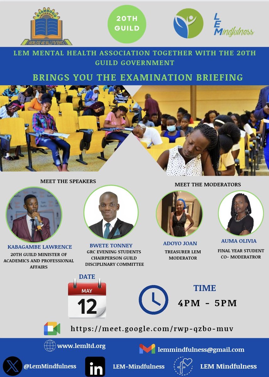 Join us for an online Examination briefing this 🗓️ Sunday 12th May, 2024 from 🕓4pm to 5pm. 
This is a courtesy of @LEM_KyambogoUni and @KyambogoGuild

Use the link below to join 
meet.google.com/rwp-qzbo-muv

#ExamBriefing #VirtualSession #LMHA #GuildGovernment #JoinUs