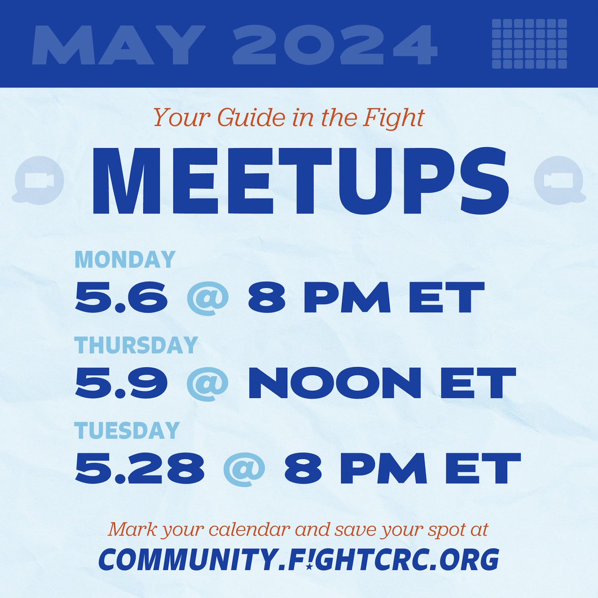 Join @FightCRC and other survivors in the meetups this month of you are impacted by colorectal cancer a place to get inform and ask questions to people that's living through this disease community.fightcrc.org/events/your-gu…