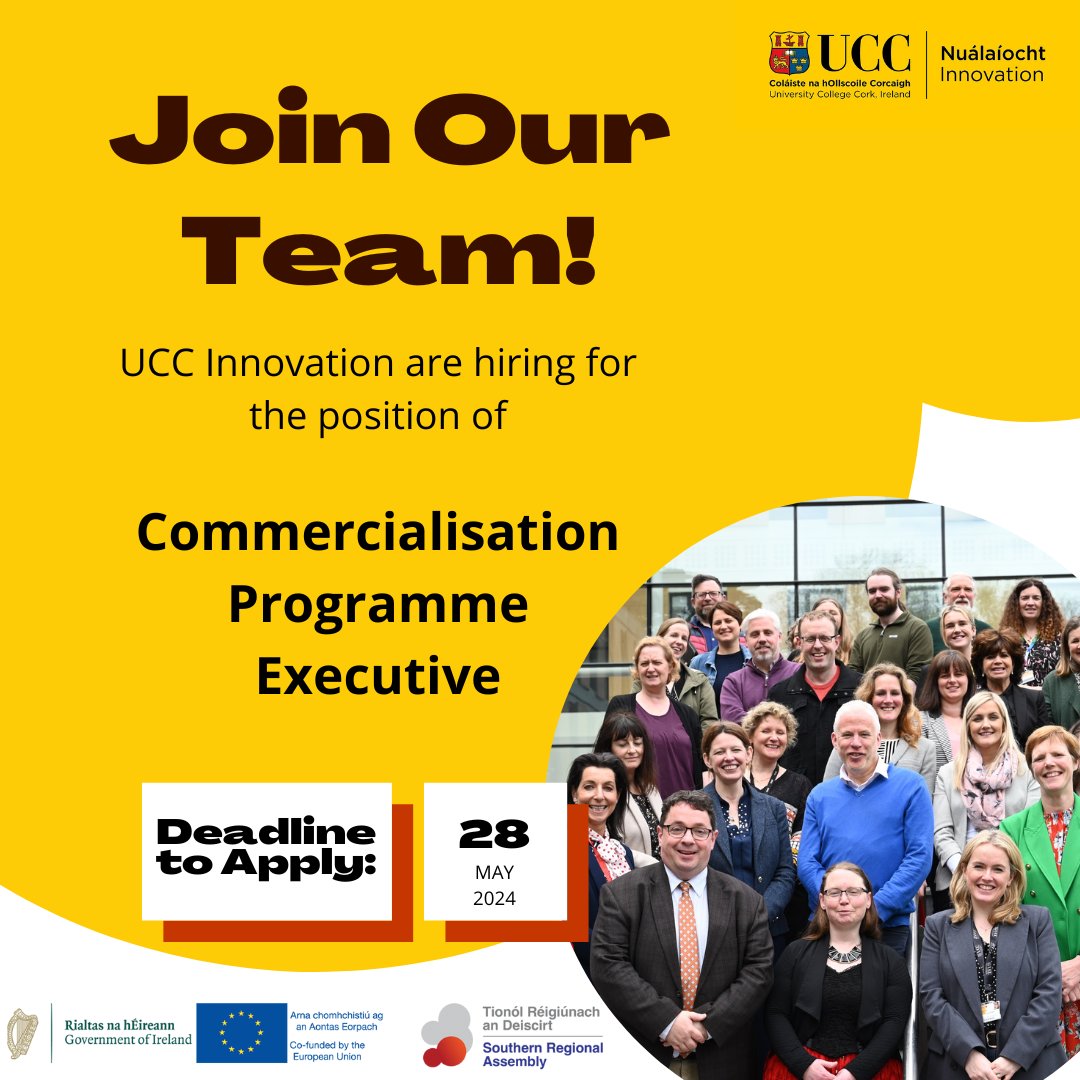 Applications for the position of Commercialisation Programme Executive with UCC Innovation are open. This role is co-funded by the Govt of Ireland & the EU through the ERDF Southern, Eastern & Midland Regional Programme 2021-27. Find out more & apply here: my.corehr.com/pls/uccrecruit…