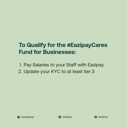 Do you know the only way you can save yourself from headaches when you pay up salary for your staff is to use @myeazipay. With #EazipayCares, up to 100% of your payroll budget can be covered between now and December.

Visit myeazipay.com for more information.