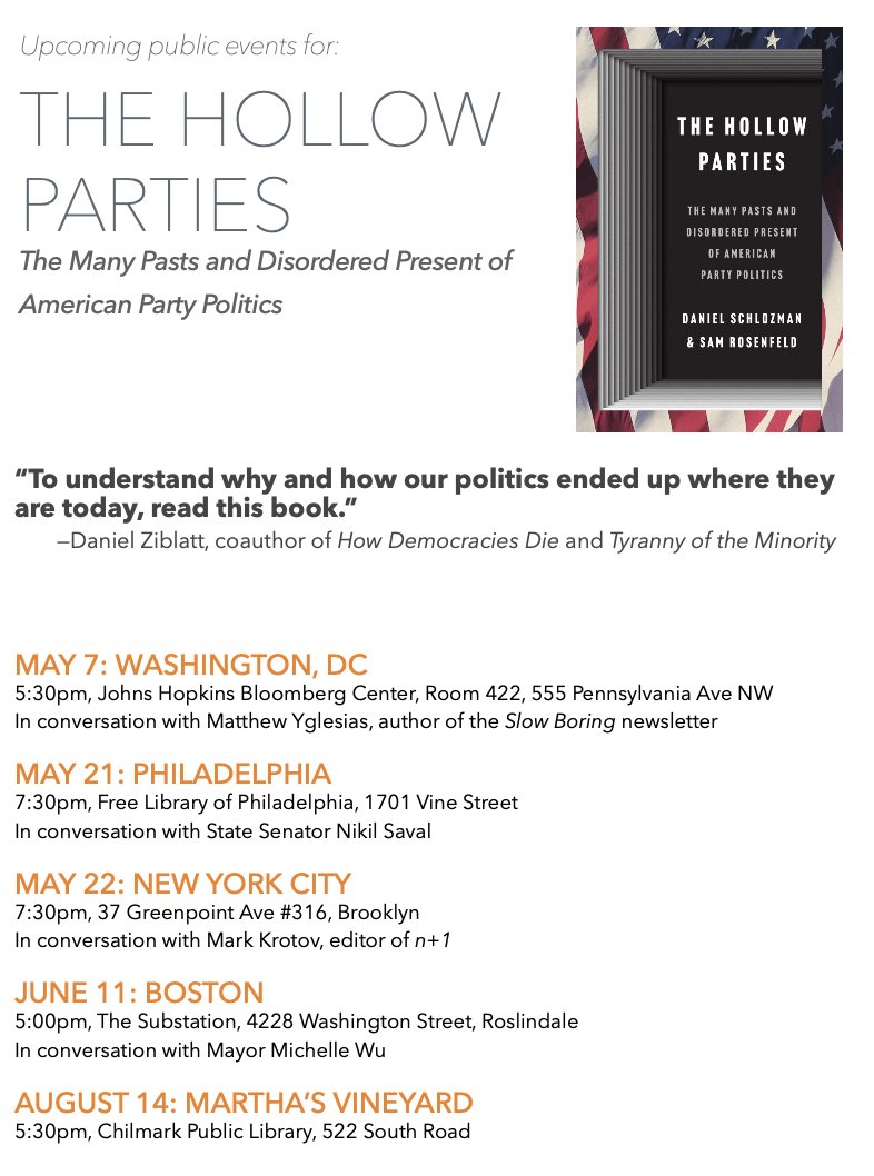 We’re excited to talk Hollow Parties with @mattyglesias (tonight!), @nikilsaval, @markkrotov, and @wutrain in the coming weeks.