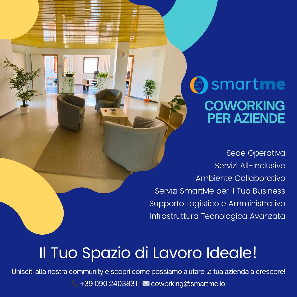 📈 Vuoi una sede operativa in un ambiente di lavoro stimolante e innovativo? SmartMe Coworking offre spazi personalizzati, sede operativa, servizi all-inclusive e un ecosistema tecnologico avanzato! 🌐 📞 +39 090 2403831 | ✉️ coworking@smartme.io 🔗 smartme.io/servizi/cowork…