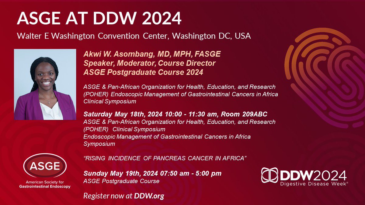 See you at @DDWMeeting 2024! 💡 @ASGEendoscopy Annual Postgraduate Course 💡 ASGE - @POHER_NGO GI cancer clinical symposium ASGE at DDW 2024 will prove to be one of the best educational meetings! REGISTRATION: asge.org/home/education… #ASGEPG2024 #DDW2024 #GlobalHealth
