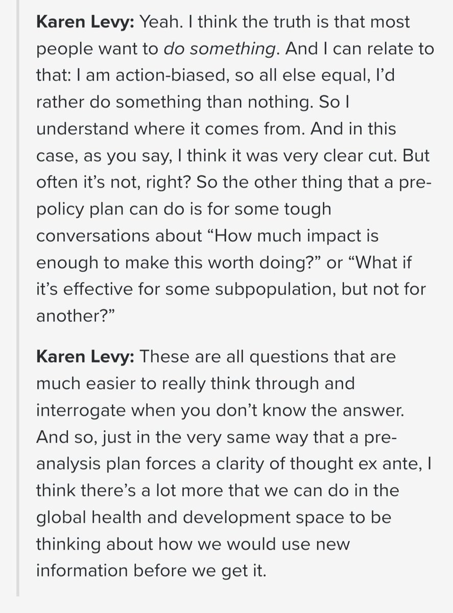 Basic but excellent epistemic practice: if you and some partners want to test an idea together, agree *in advance* about what would change your minds. The quotes below are from the context of international development, but this could be applied to business or govt generally.