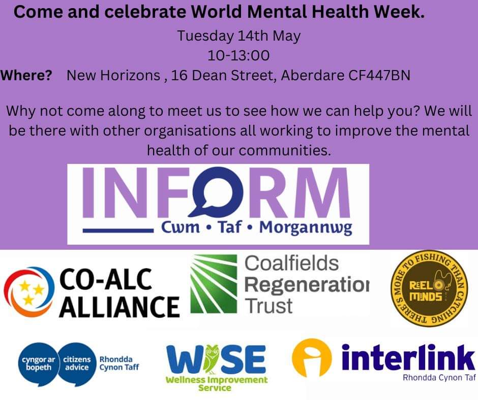 We are happy to be invited to the @Newhorizons_16 event during mental health week. We will be joined by other fantastic organisations. Why not come along and see what is available to help you support your mental health. @Reelminds @InterlinkRCT @CitizensAdvice