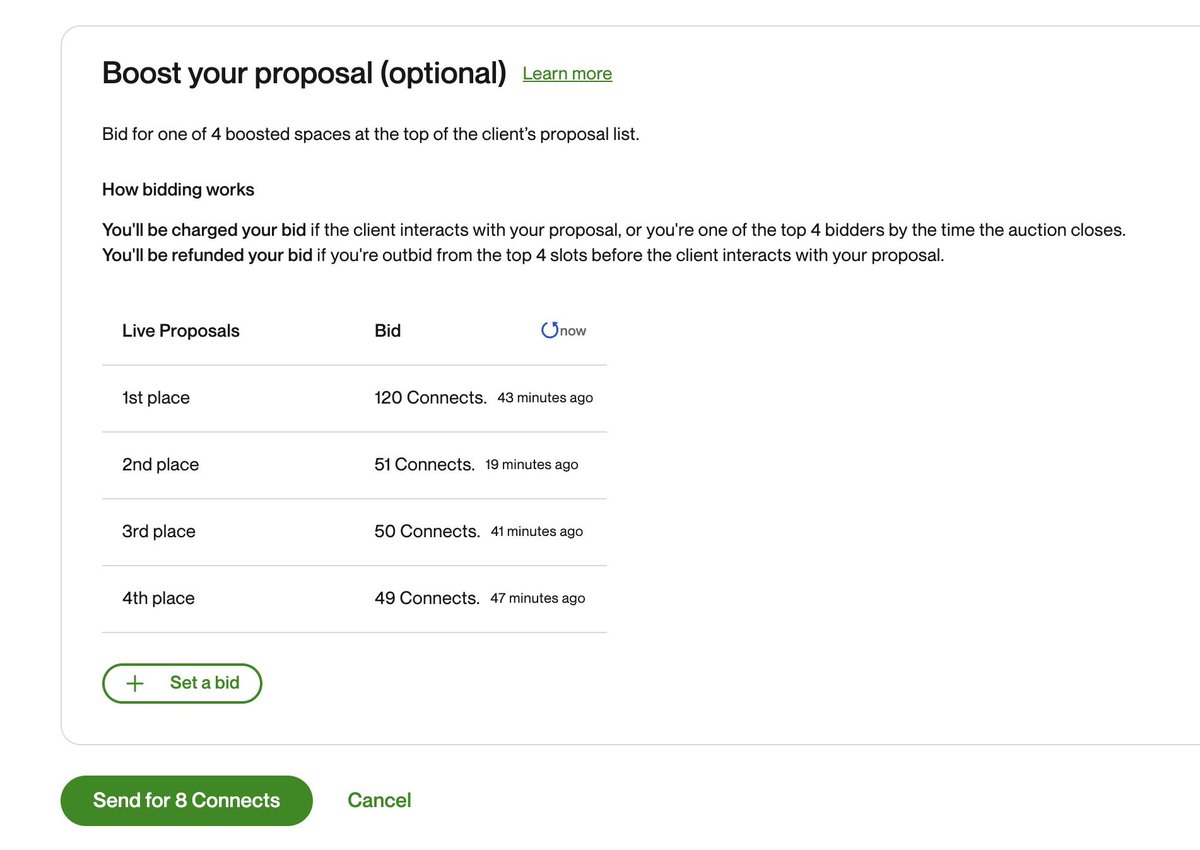 Recently, a job post on Upwork garnered 50+ proposals in just 30 minutes, highlighting the intense competition freelancers face. Top bids now reach 120, 51, 50, or 49 connects, making it tough for newcomers.

Have you faced similar challenges?

#upwork #freelancing #remotework