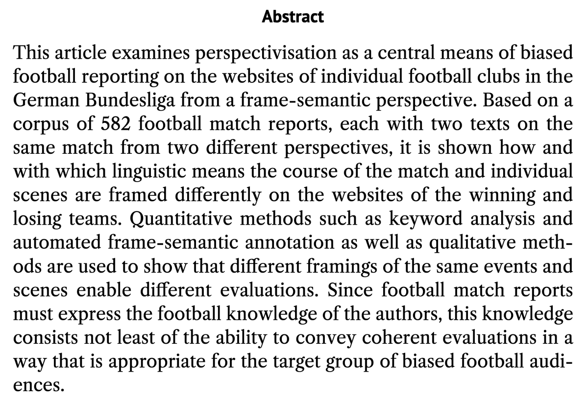Out now: Meier-Vieracker, Simon (2024): Klatsche oder Kantersieg? Framesemantische Analysen zur Perspektivierung in Fußballspielberichten. In: Journal für Medienlinguistik 6 (1), 10–38. jfml.org/article/view/53