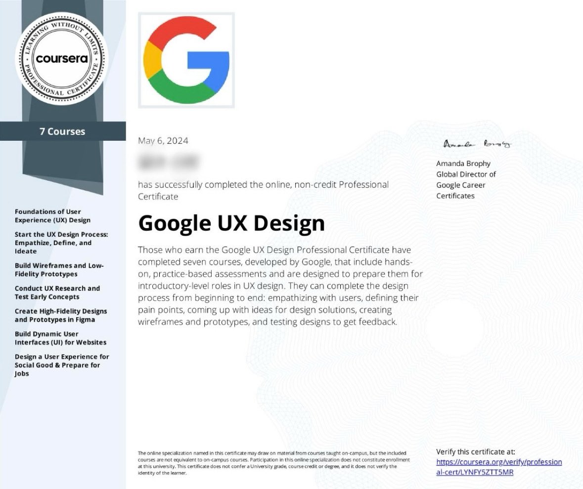 Google UXデザインプロフェッショナル認定、ようやく終わった…！全部英語だしトータル170時間くらいかかって辛かったけど、これで一応'UXデザイナー'を名乗らせて貰います…笑 #GrowWithGoogle