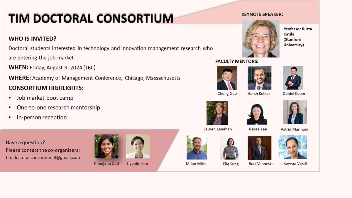 Dr. Nilanjana Dutt (@nilanjanadutt) on Twitter photo #mgmtwitter PhD students on the job market -- now accepting applications for the <a href="/AOM_TIM/">AOM TIM Division</a> doctoral consortium with <a href="/hyunjinvkim/">Hyunjin Kim</a>!
Apply if you're working on an innovation-related dissertation, going on the job market next year: forms.gle/Mn6AaoXCjNynrw… #mgmtwitter PhD students on the job market -- now accepting applications for the <a href="/AOM_TIM/">AOM TIM Division</a> doctoral consortium with <a href="/hyunjinvkim/">Hyunjin Kim</a>!
Apply if you're working on an innovation-related dissertation, going on the job market next year: forms.gle/Mn6AaoXCjNynrw…