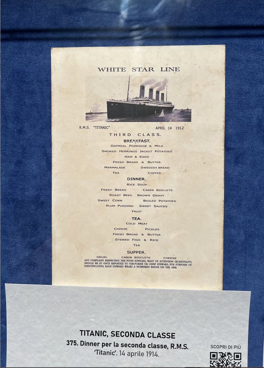 Check this out!

An actual copy of the third-class menu from the Titanic. (I'd order the smoked herring. Fatty fish are good for the North Atlantic cold.)

More menus on display...
👩‍🍳🧵