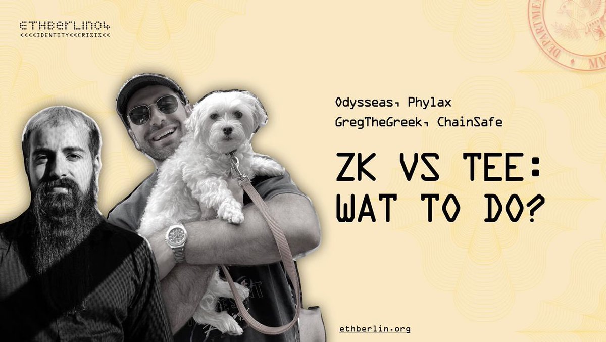 We are excited to have @gregthegreek (co-founder & CPO @chainsafeth) & @odysseas_eth (tyrant @phylaxsystems) in the house! Their workshop will address the common question of “zk vs TEE: and wat do (as a product builder)?”