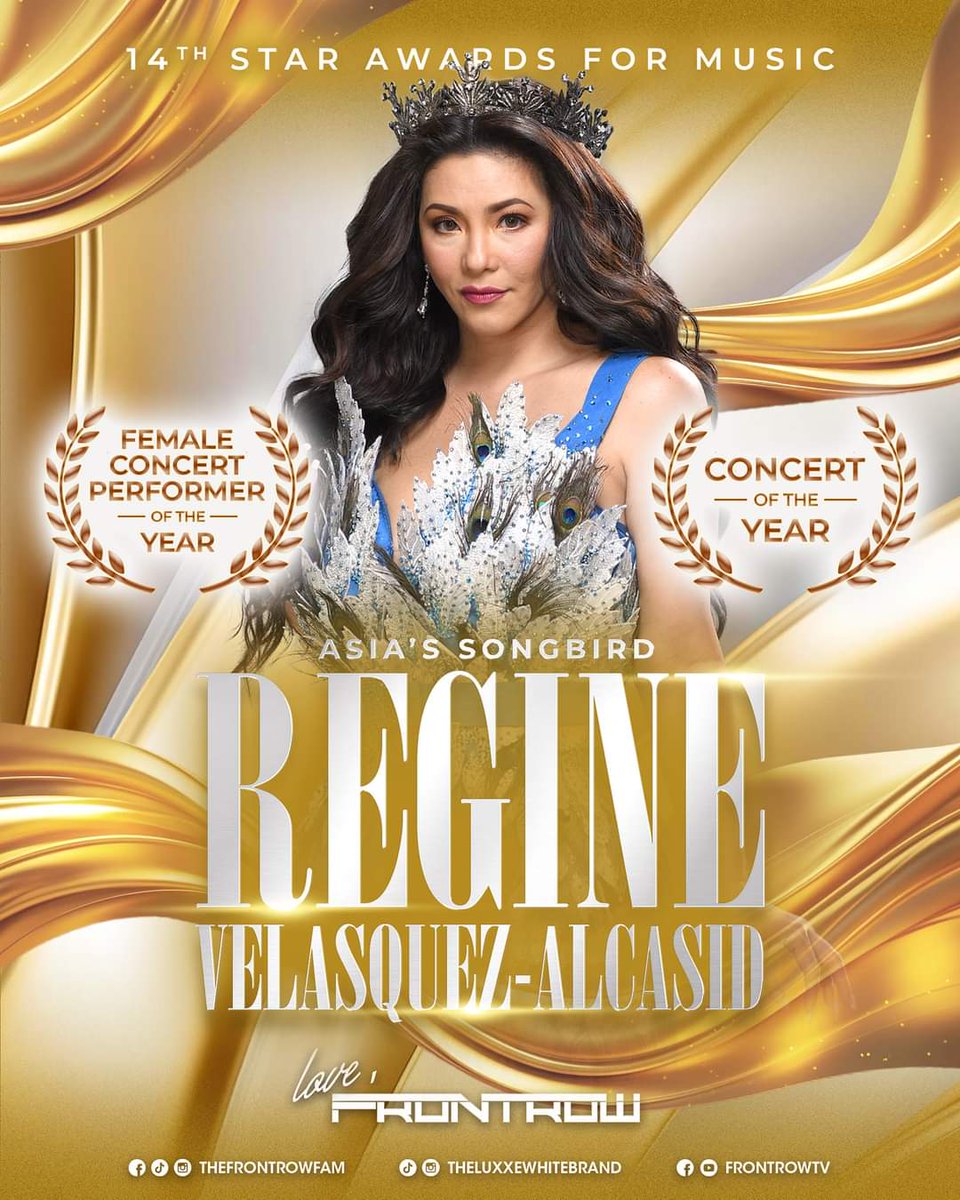 'CONGRATULATIONS to the one and only Asia's Songbird and #FRONTROW Gem Ms. Regine Velasquez-Alcasid for her well-deserved 14th Star Awards for Music recognition'- Frontrow Philippines

KABOG naman ng frontrow hihi 💖 💓 
Congratulations ate @reginevalcasid