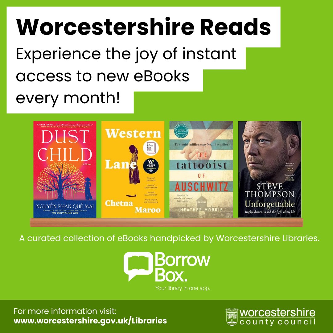 May's Worcestershire Reads titles are now available! Explore a monthly selection of FREE eBooks handpicked by our library team, available on BorrowBox. Join in with the conversation using the hashtag #WorcestershireReads worcestershire.borrowbox.com