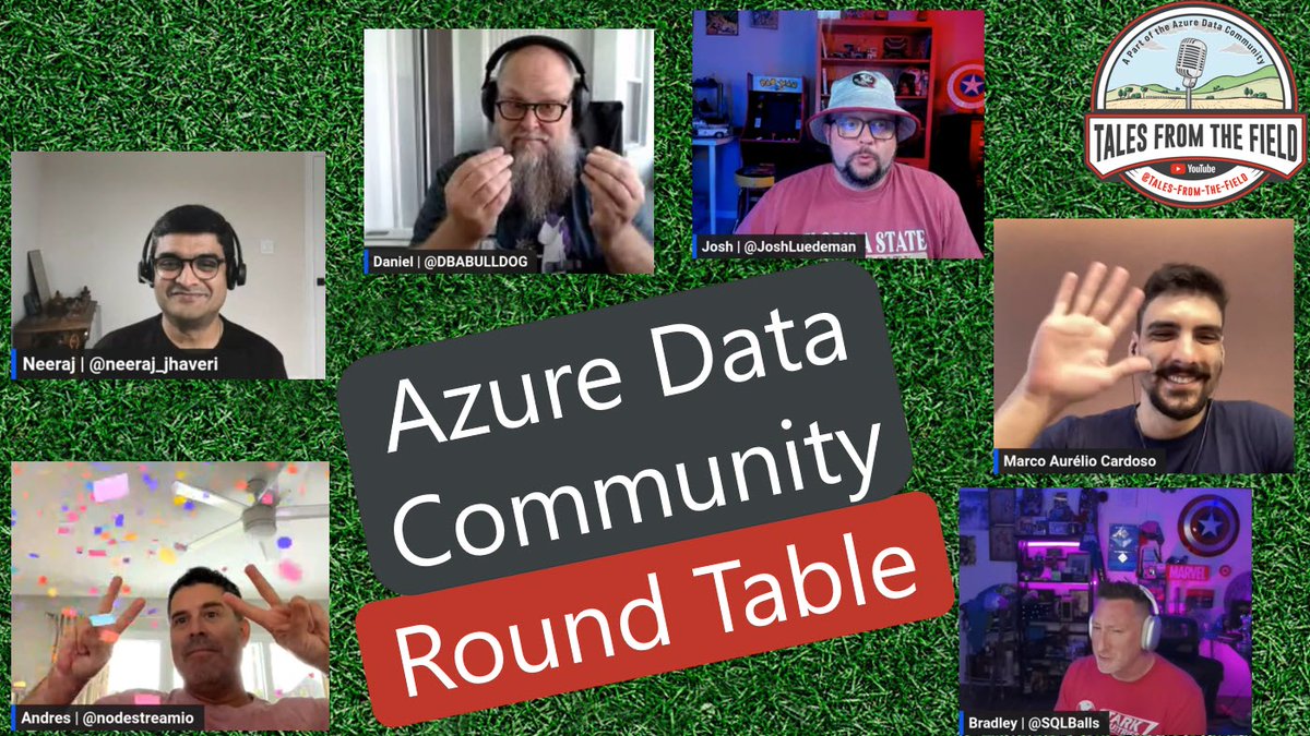 Tales From The Field (@talesftfield) on Twitter photo At the top of the hour we are LIVE with the #AzureDataCommunity Round Table!
Link: youtube.com/live/RQoberEWp…
Hope you can join us and check out the AMAZING content from the Data Community!
cc <a href="/SQLBalls/">Bradley Ball</a> <a href="/JoshLuedeman/">Josh Luedeman | @joshluedeman.bsky.social</a> <a href="/BradleySchacht/">Bradley Schacht</a> <a href="/DBABullDog/">Daniel Taylor | DBABulldog@mas.to</a> <a href="/neeraj_jhaveri/">Neeraj Jhaveri</a> <a href="/nodestreamio/">NODESTREAMIO | Andrés Padilla</a> At the top of the hour we are LIVE with the #AzureDataCommunity Round Table!
Link: youtube.com/live/RQoberEWp…
Hope you can join us and check out the AMAZING content from the Data Community!
cc <a href="/SQLBalls/">Bradley Ball</a> <a href="/JoshLuedeman/">Josh Luedeman | @joshluedeman.bsky.social</a> <a href="/BradleySchacht/">Bradley Schacht</a> <a href="/DBABullDog/">Daniel Taylor | DBABulldog@mas.to</a> <a href="/neeraj_jhaveri/">Neeraj Jhaveri</a> <a href="/nodestreamio/">NODESTREAMIO | Andrés Padilla</a>