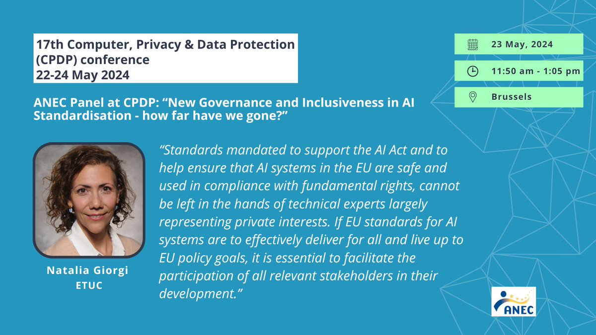 ANEC is hosting the panel “New Governance and #Inclusiveness in #AI #Standardisation - how far have we gone?” at the @CPDPconferences 2024, thanks to the @EuropeanAIFund. The panel will be moderated by ANEC Deputy Director-General Chiara Giovannini ➡️ Introducing you the first…