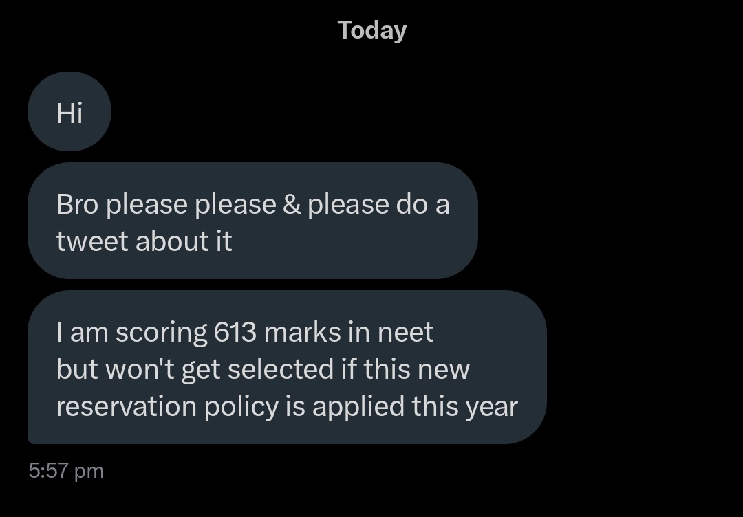 Scoring 600+ marks in NEET is no small feat, yet many deserving students fear their dreams slipping away due to the new reservation policy. Reservation is a plague that has claimed many careers and lives. This is broad daylight murder of OM candidates.
#SaveOpenMerit