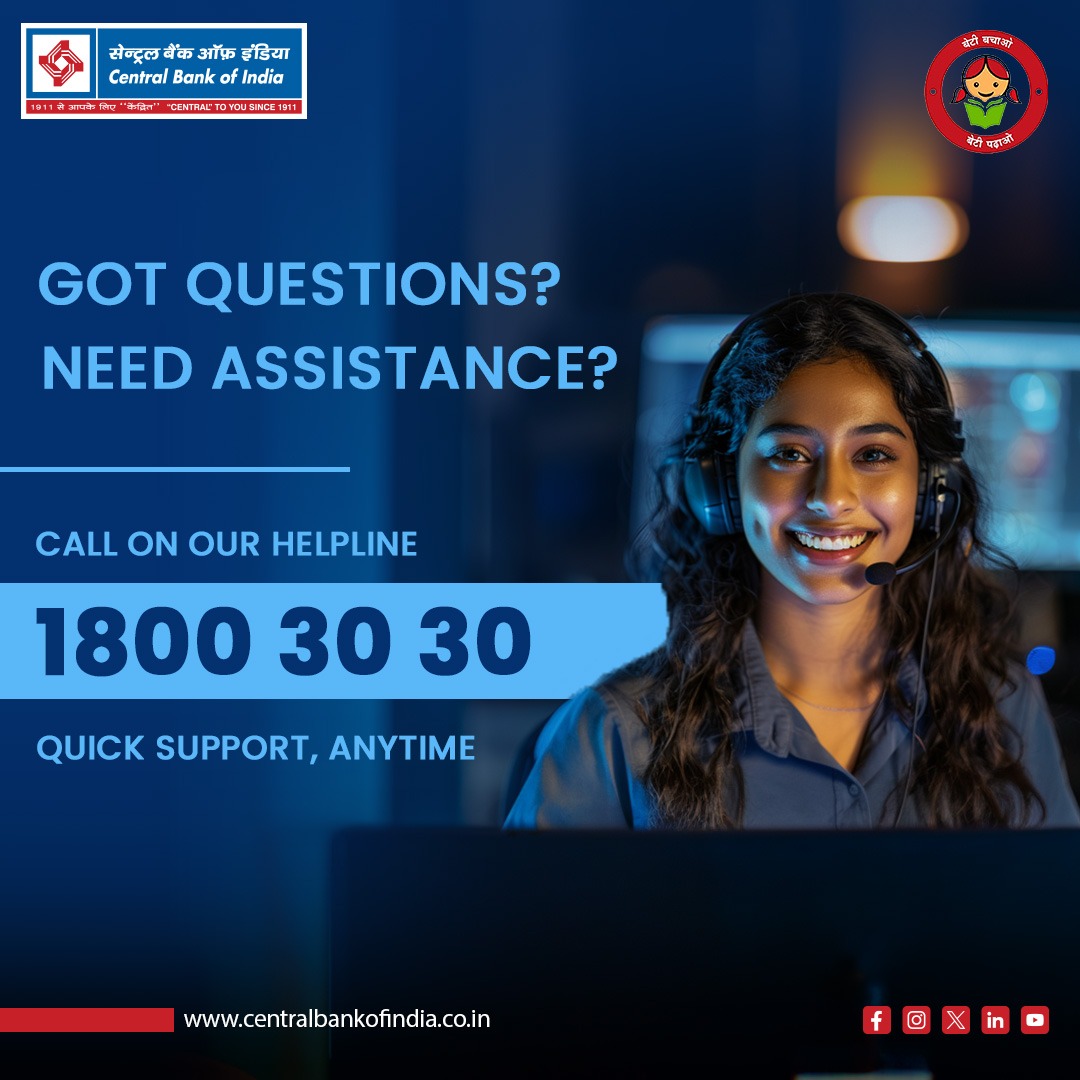 centralbank_in's tweet image. From assistance to questions, Central Bank of India is at your service! Reach out to us at 1800 30 30 for dedicated support. Your financial peace matters.

#HelplineNumber #CentralBankOfIndia #CentrlToYouSince1911