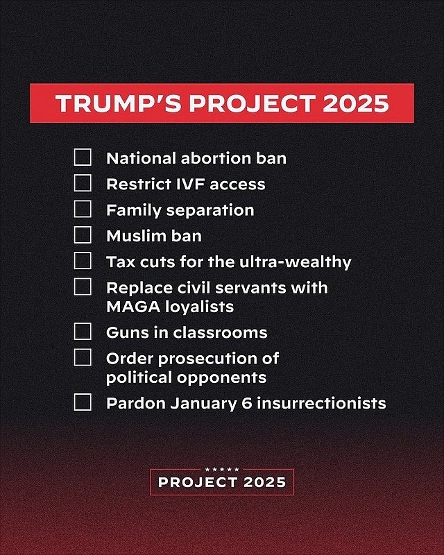 If Trump wins next November, the far-right nightmare of Project 2025 will become a reality for millions of Americans. We can’t let them check anything on this list off. What we CAN check off is the GOP! Commit to #BidenHarris4More & a #BlueWaveRising. #DemCast #DemsUnited