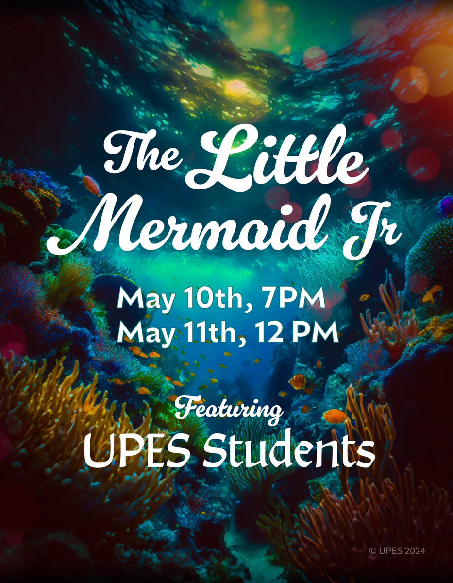 Get ready to be transported to an underwater world full of wonder and magic as the students of UPES present 'The Little Mermaid Jr.' Purchase your tickets tomorrow, May 8th from 1:30-2:30pm and be a part of this unforgettable theatrical experience.