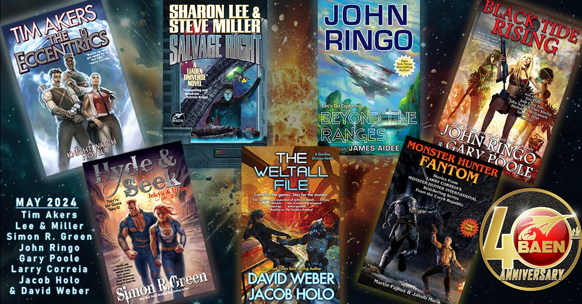 The month of May is not only bringing in the flowers, but also 7 new books from Baen! This month we’re excited to bring you an all-new novel from @Jringo1508 w/James Aidee (“BEYOND THE RANGES”), as well as a new novel by @TheSimonRGreen in his Hyde, Inc series (“HYDE & SEEK”)…