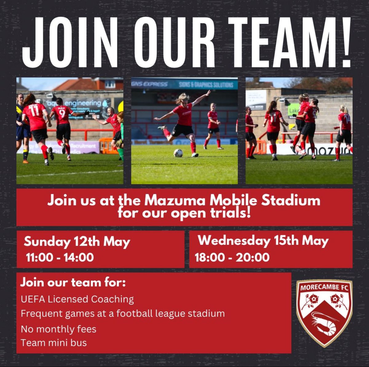 🚨 | Join our team! 

We will be holding two open trial sessions at the Mazuma Mobile Stadium in May. 

Participation is free, all you need to do is register your interest through the link below👇
morecambefc.com/news/2024/apri…

#UTS 🦐