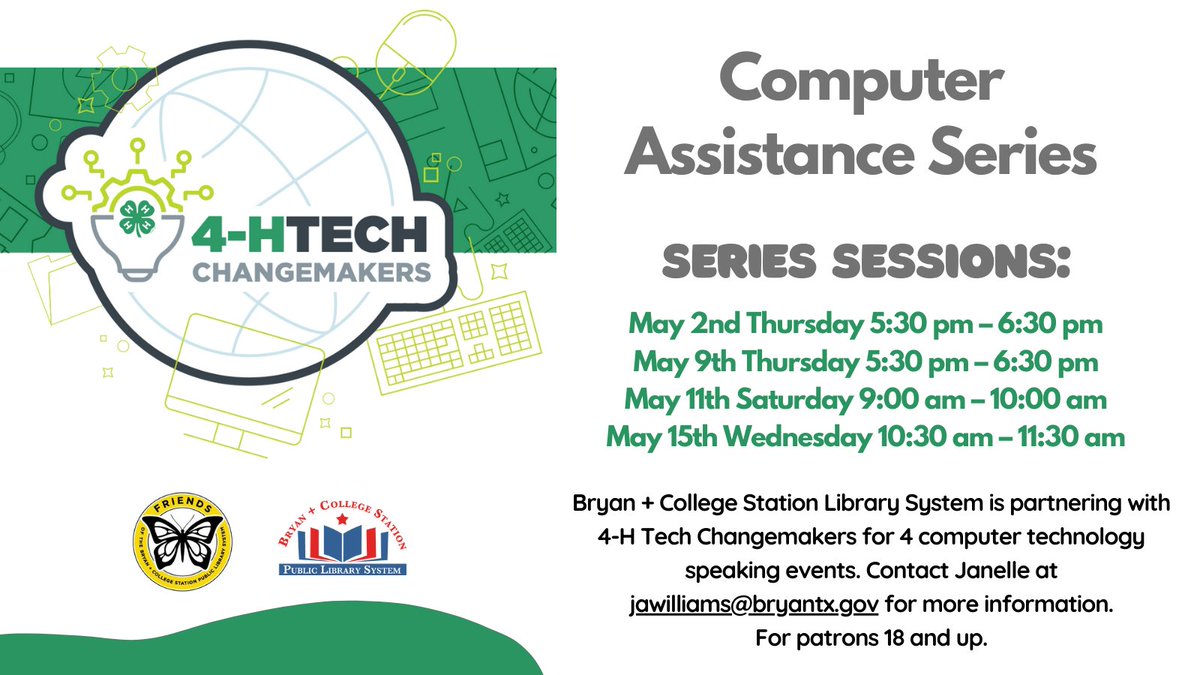 Bryan + College Station Library System is partnering with 4-H Tech Changemakers for 4 computer technology speaking events at the Mounce Library in Bryan. 

Our next session will be this Thursday, May 9th from 5:30PM-6:30PM. This program is for ages 18+. #bcstx #computers