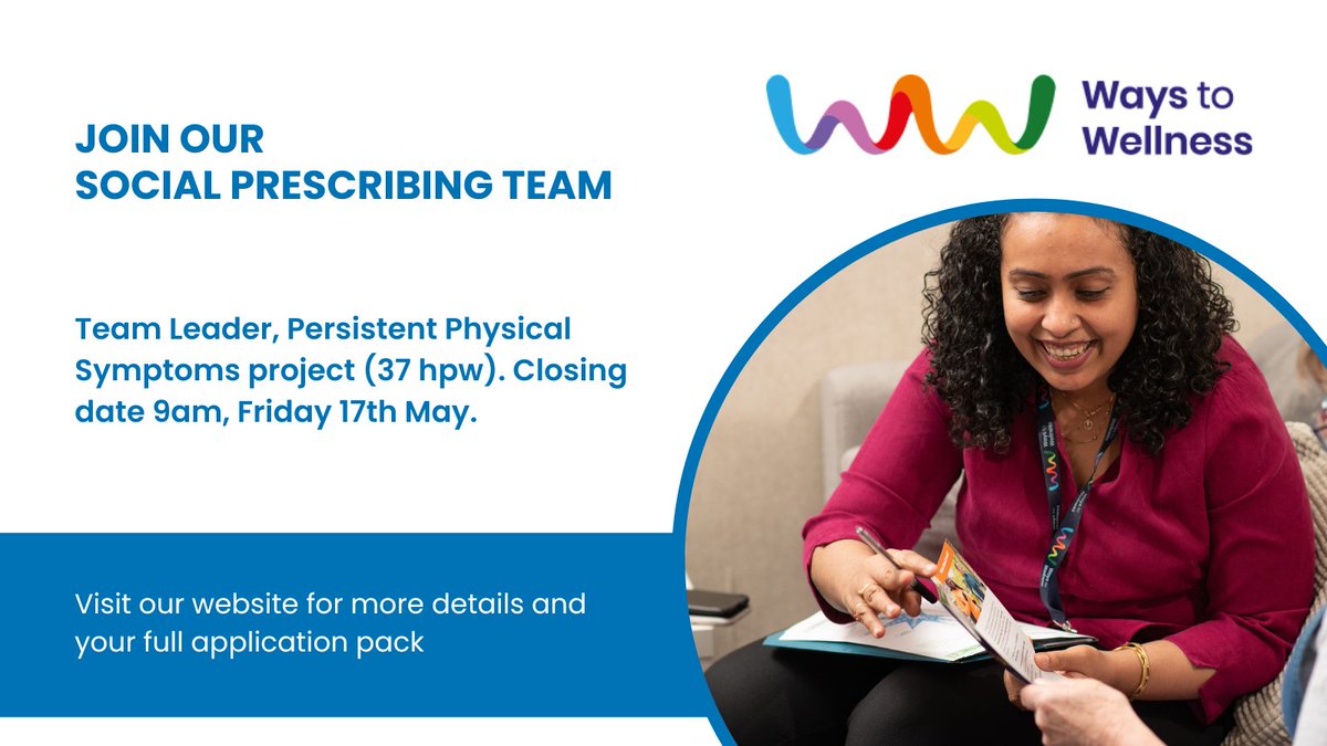 Ten days to the deadline! Great opportunity to join the Ways to Wellness team, as Team Leader for the innovative new Persistent Physical Symptoms project. Visit our website for more details: waystowellness.org.uk/news/2024/04/w…. #socialprescribing #linkworker