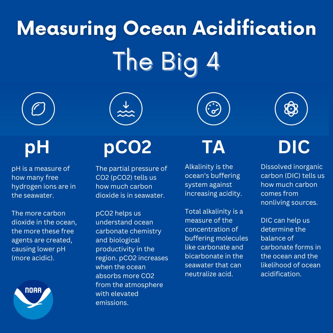 #OAinMay How do we measure #OceanAcidification? The 'Big 4⃣' tell us about ocean conditions and how much carbon is in the #ocean. We need to measure 2 of these to understand the entire carbonate system. oceanacidification.noaa.gov/what-is-ocean-… #OurChangingOcean #TeachingTuesdays #OceanScience