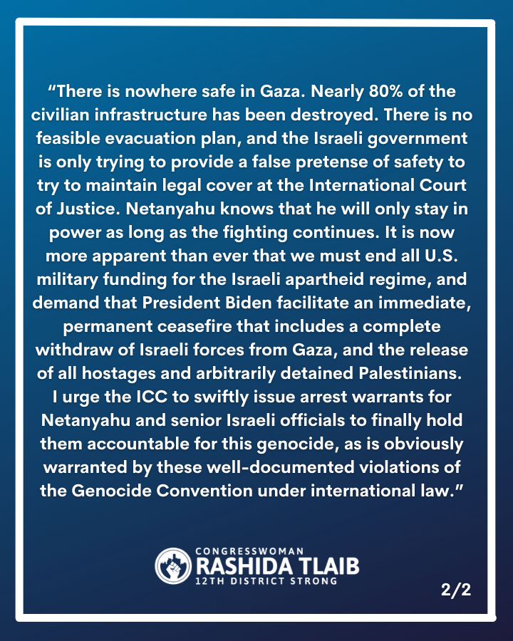 For months, Netanyahu made his intent to invade Rafah clear, yet the majority of my colleagues and President Biden sent more weapons to enable the massacre.

My statement on the Israeli apartheid regime's ground invasion of Rafah: