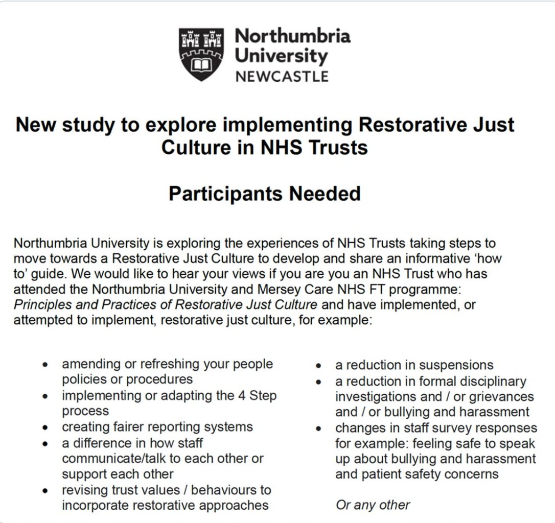 A great opportunity for NHS Trusts to share the work they have been doing in restorative just and learning culture - there is still time to take part before the 31st July 2024 (bl.rjc@northumbria.ac.uk) @amandajoyoates @JR_MerseyCare @DrDanby