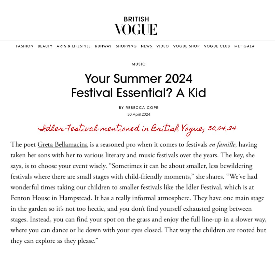 Idler Festival mentioned in Britsh Vogue, 30.04.24 At the Idler Festival there's something for everyone! Join us, 5-7 July at Fenton House! What are you waiting for? Book your tickets now: ow.ly/jWqk50RypRI