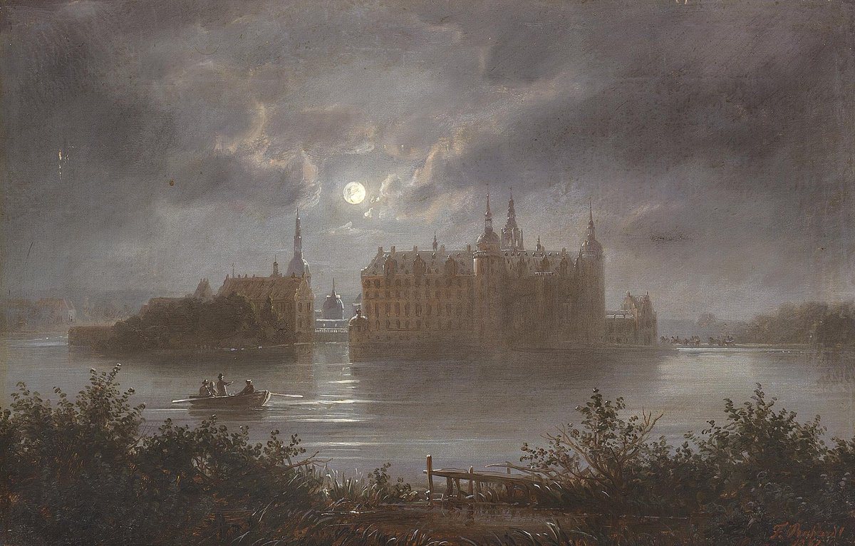 Full moon light over Frederiksborg Castle, Joachim Ferdinand Richardt, Brede, Denmark, 1861.