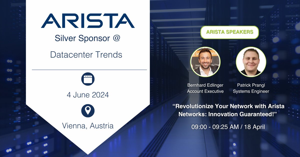 Will you be at Datacenter Trends in Vienna? Join our presentation where Bernhard Edlinger and Patrick Prangl will show how Arista can improve and simplify the world of networking and why hyperscalers rely on Arista network switches. Learn more here: bit.ly/4b3q5GI