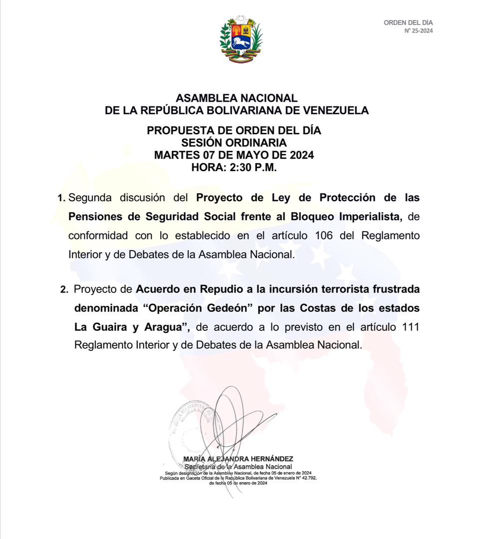 🏛 | PROPUESTA DE ORDEN DEL DÍA 
Martes  #07May  02:30 pm
#AsambleaNacional 🇻🇪
#SesiónOrdinaria