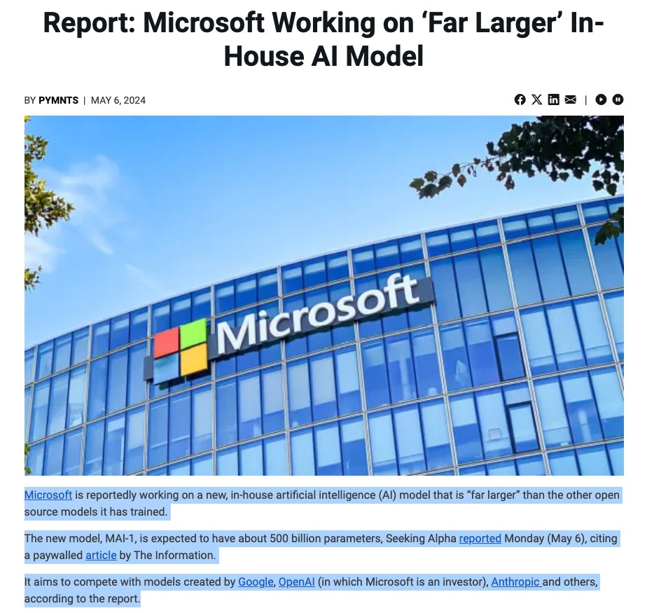 500B billion parameters in-house model from Microsoft? It wouldn't surprise me. I am also eager to see what they do with the Phi model series.