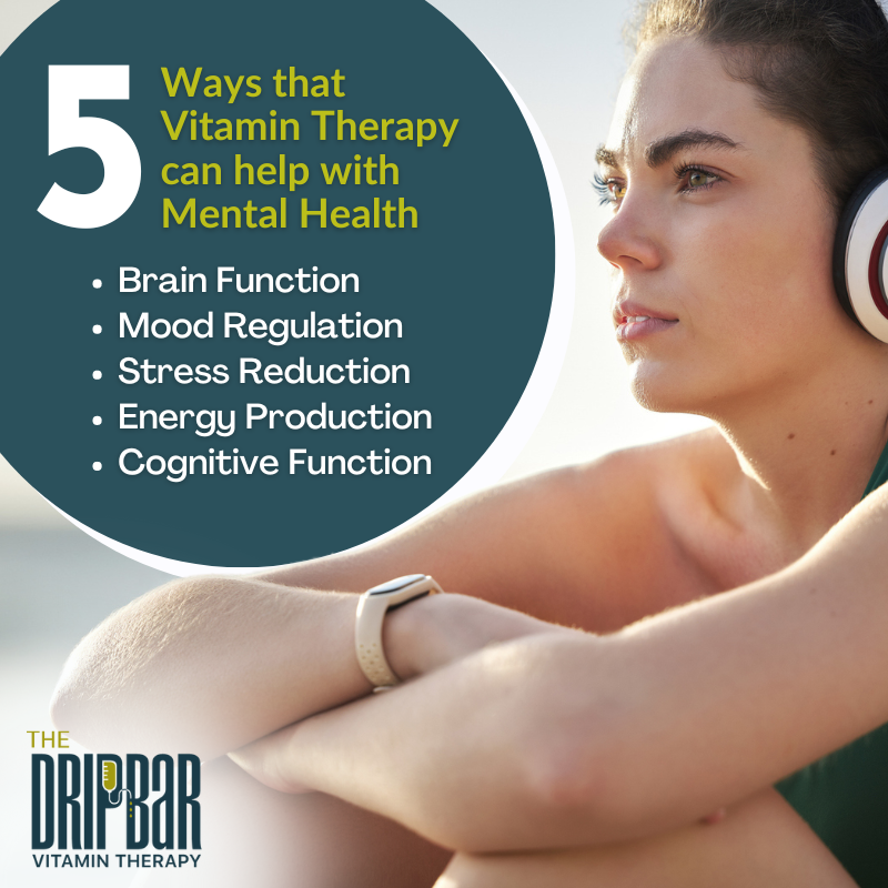 The_DRIPBaR's tweet photo. 5 ways Vitamin Therapy can help with Mental Health:

• Brain Function
• Mood Regulation
• Stress Reduction
• Energy Production
• Cognitive Function

(Not intended to diagnose, treat, cure, or prevent any disease.  Please see FDA Disclaimer on our website.) https://t.co/QqqAjTPcUE