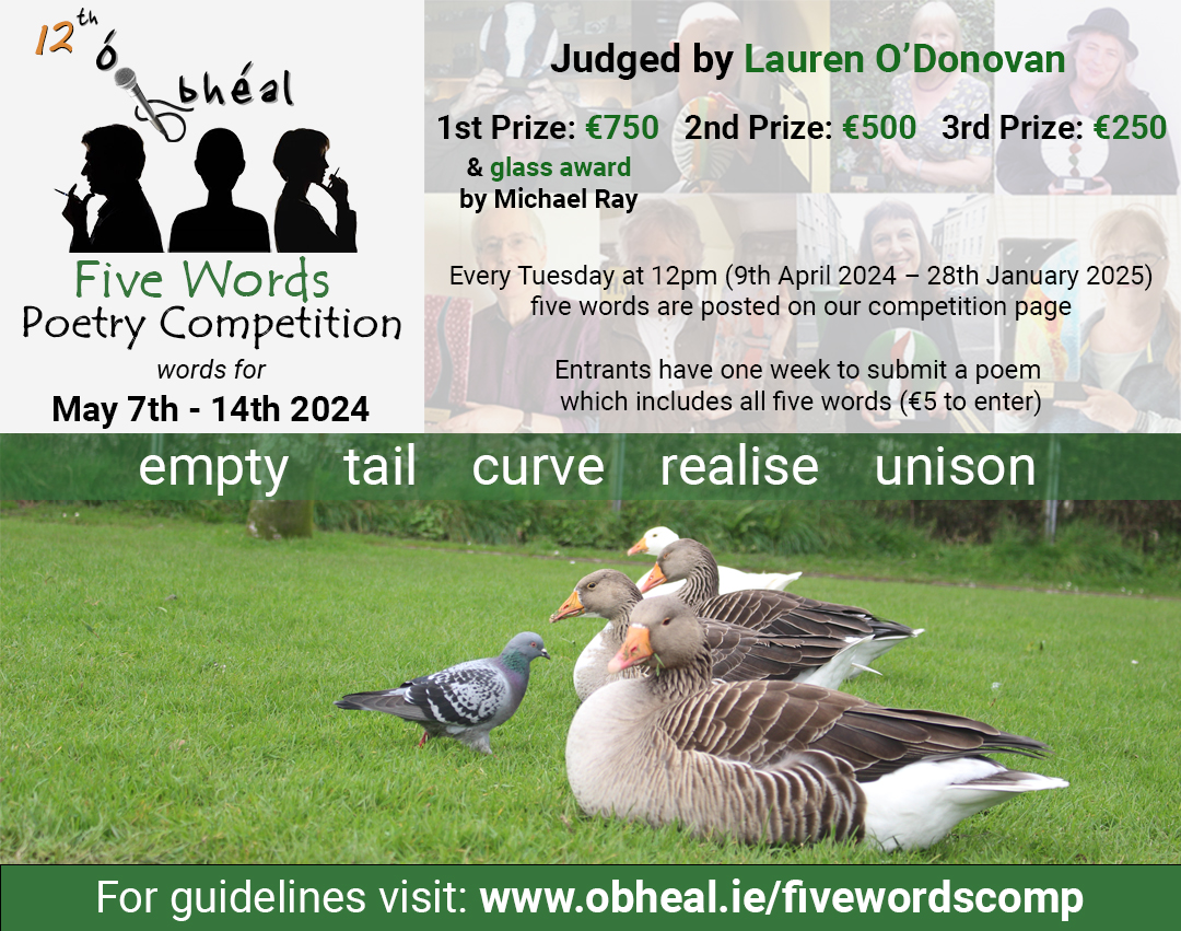 The five words for 7th - 14th May 2024 are: empty ~ tail ~ curve ~ realise ~ unison Submission guidelines: obheal.ie fivewordscomp @poetryireland @MunLitCentre @artscouncil_ie #Five #Words #Poetry #Competition Photo by Brendan Duffin